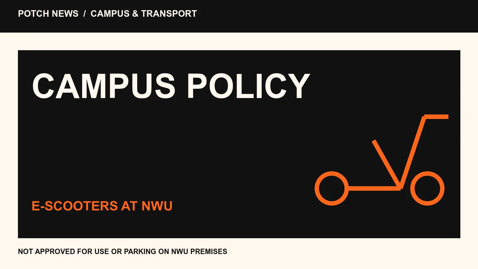 Editorial graphic of an e-scooter outside a university campus boundary.